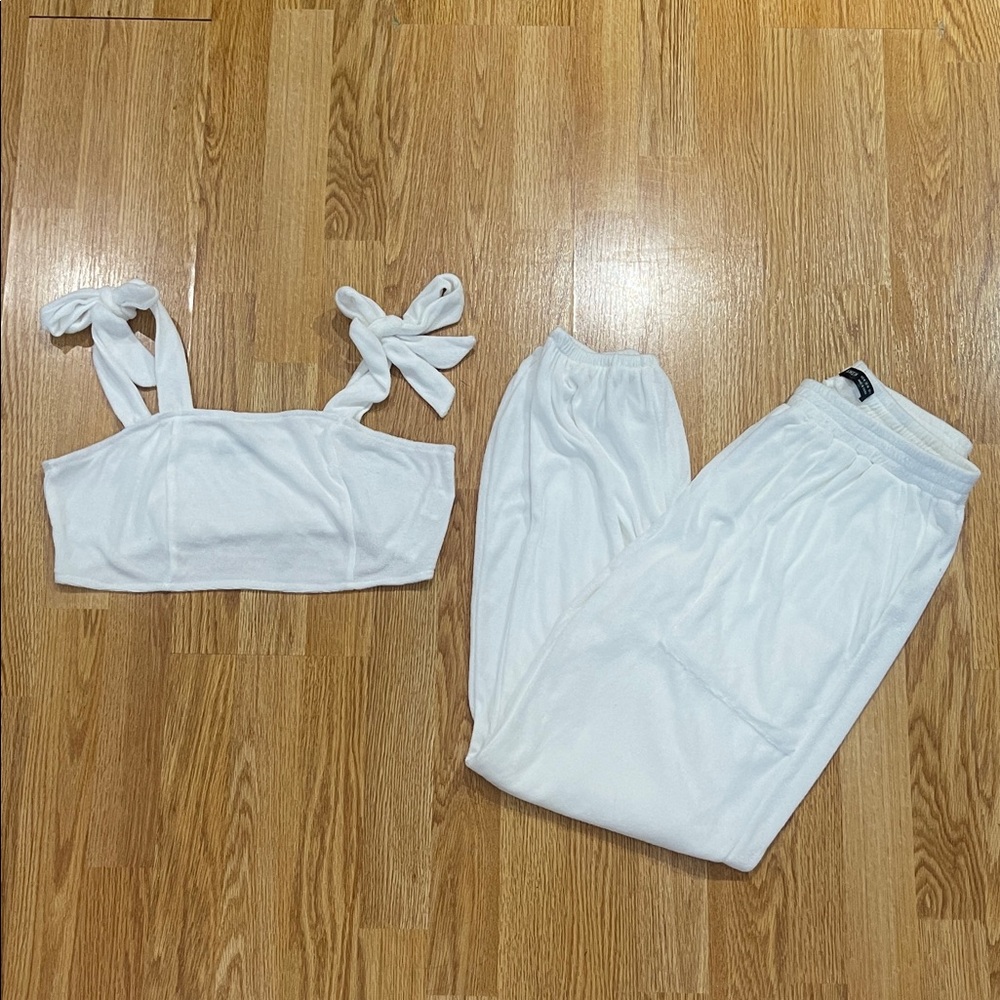 White Two-Piece Lounge Set - Tie Strap Crop Top & Joggers